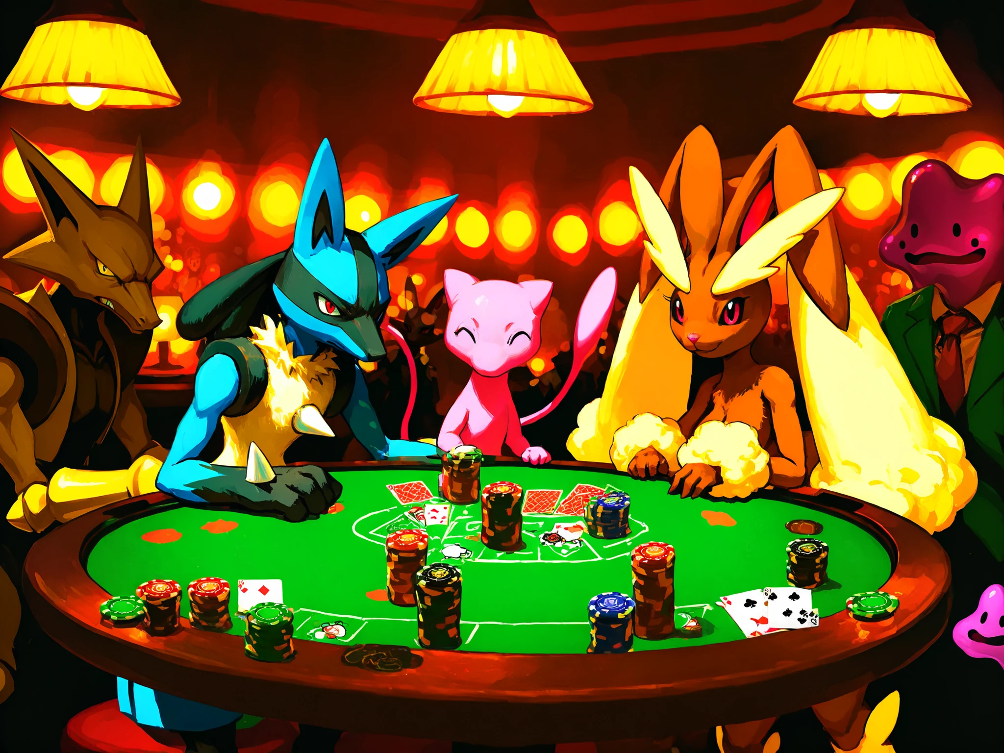 pokemons, lucario, Alakazam, Lopunny, Ditto, mew playing at a poker table, poker environment in a basement, illuminated by a warm central lamp, Lights quality , ganster, undergrond poker place.