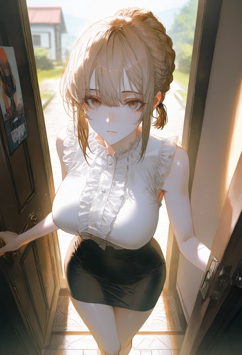 bbsister, long hair, ponytail, sidelocks, collared dress, grey dress, short sleeves, buttons, black belt,(((dark room))),church,looking viewer,huge breasts,nsfw,thighhighs,(sweating,wet body)