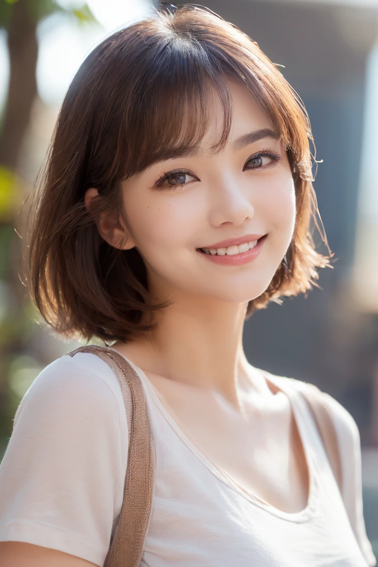 ((Best Quality, 8K, Masterpiece: 1.3)), 1 Girl, Slim Abs Beauty: 1.3, (Hairstyle Brown Hair Shortcut, Big: 1.2), Dress: 1.1, Super Slender Face, Delicate Eyes, Double Eyelids, Smile, Home, Raw Photo