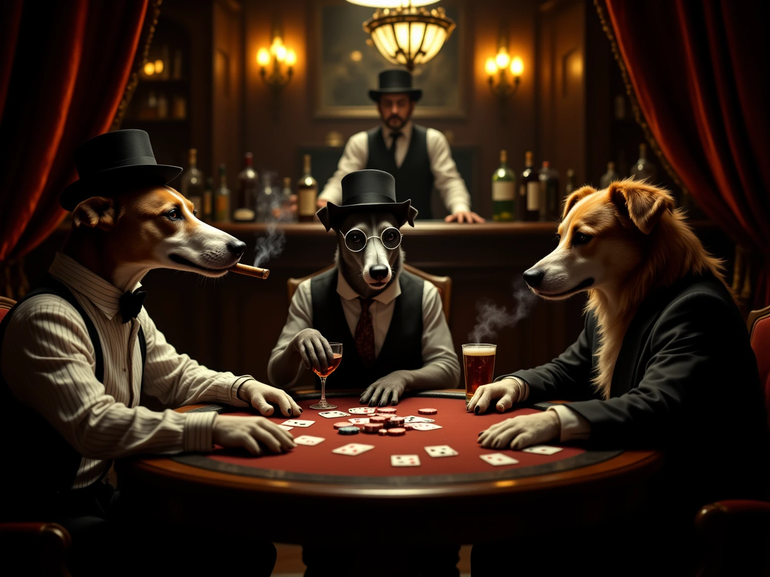 (photorealism:1.2), a group of dogs playing poker watch a sexy curly brown hair woman taking off her dress 