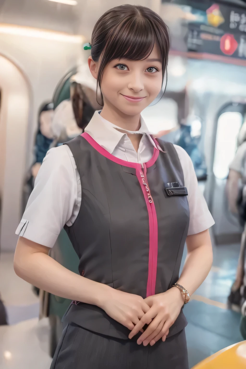 (masterpiece:1.2, Highest quality:1.2), 32k HDR, High resolution, (alone、One girl)、(At the station platform、Professional Lighting)、Empty train station platform background、(Realistic style of JR Gran Class crew uniform)、Short sleeve blouse、a scarf around the neck、(JR Gran Class flight attendant uniform with pink parts on the skirt sleeves)、(The uniform of a flight attendant in JR Gran Class has a pink line on the front zipper of the vest.)、Dark brown hair、(Chignon、Hair tied up)、Dark brown hair、Long Shot、Big Breasts、((Great hands:2.0)),((Harmonious body proportions:1.5)),((Normal limbs:2.0)),((Normal finger:2.0)),((Delicate eyes:2.0)),((Normal eyes:2.0)))、Big Breasts、Luxury Necklace、smile、Beautiful standing posture,Place your hands around your stomach
