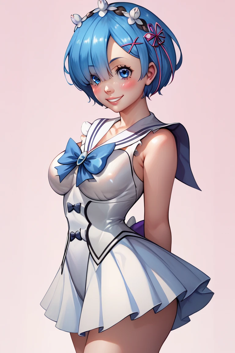 (masterpiece, best quality:1.2), 4k, solo, 1girl, kiddy_lumiere, lumiere_ cos, brue hair, brue eyes, bangs, drill hair, short hair, blue leotard, buttons, choker, neck ribbon, puffy short sleeves, vertical-striped thighhighs, smile, looking at viewer, <lora:lumiere:0.8>