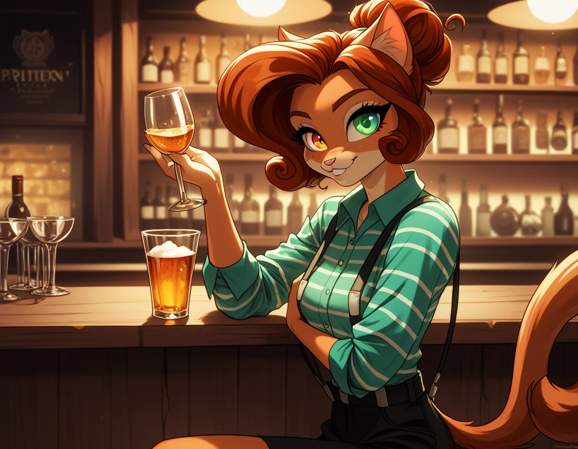 Furry, female cat, puss, mini skirt, Short topic ,sitting in a cafe, sits by the table, tilted her head slightly, long black hair, big breasts,