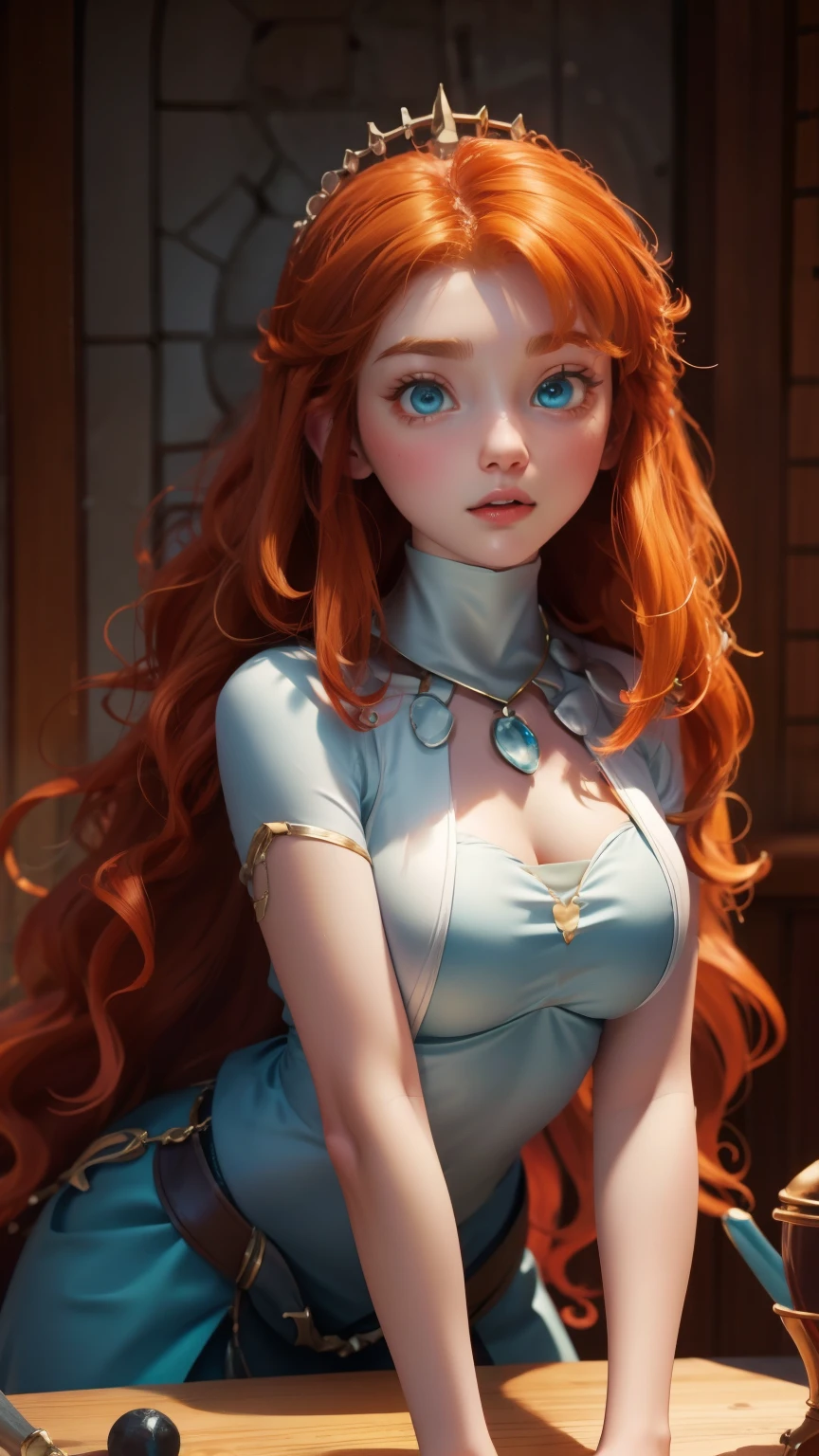 1girl, solo, full body, (masterpiece:1.21), (best quality:1.2), colorful, (illustration:1.2), (cinematic lighting:1.1), magic lights, floating , genitalia visible,  naked , spread legs, ginger long hair with braids, floating hair, magical lights in her hands, glowing eyes, focus expression, mage battle pose