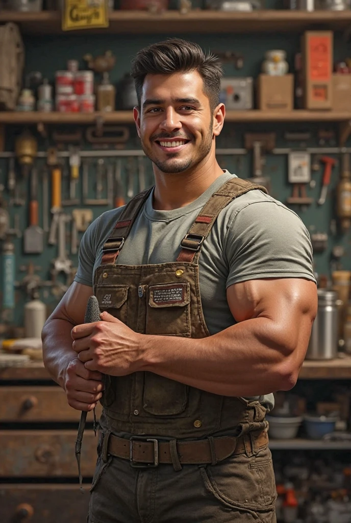 (Realistic),masterpiece,best quality,cinematic lighting,natural shadow,highest detail,professional photography,detailed background,depth of field,insane details,intricate,aesthetic,detailed face,subsurface scattering,realistic hair,realistic eyes,muscular,masculine,pectorals,abs,photo of a handsome man,constructionworker,open clothes,vest,jeans,gloves,belt,smile,beard,brick,construction site,hard hat,