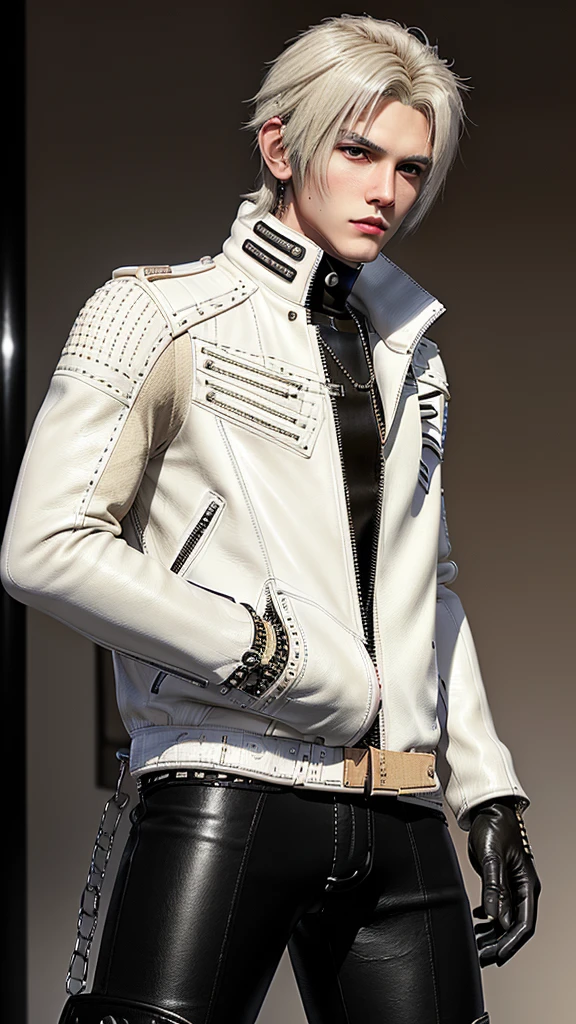 Final fantasy taste and reality graphics, ((Japanese young cute and cool ikemen  boy)), his age is early 20s, thin eyebrows and beady eyes,  ((he wearing off white color leather  thick and heavy material jacket)), ((jacket is single brest)), ((biker style jacket)), ((jacket is large size)),((with epaulet)), ((jacket is long sleeve)), ((zipped front of the leather jacket)), , ((voluminous leather jacket)), ,((must jacket is high length and stand-up collar)) ((jacket collar with two belts)), ((jacket is a little black color line pattern)), ((also wearing black thick material turtleneck lackluster shirts)),  ((tight black leather pants)),  ((put black leather tight and thin glove on both hands)), ((black leather glove)),((black leather knee-high raceup boots)),((must views  head-to-toe)),((must views whole body)), ,((Do not show skin from the neck down)),leather jacket leather glove and leather pants have few wrinkles, Avoid showing your innerwear,zip up jacket fastner.must put on a leather glove.
Boy is black hair.boy looks like fashion model.
Boy in the dim room.