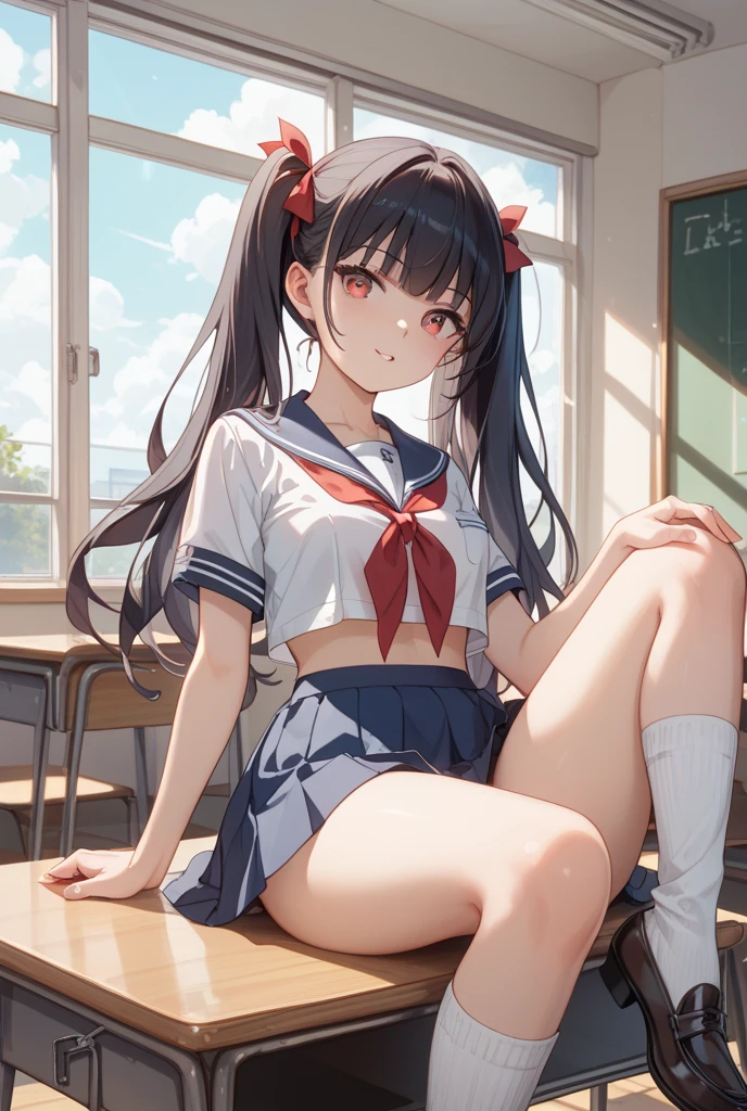 Girl with long brown hair、Japanese Junior High School Student、cute、Sitting at a desk、Sweaty all over、Place your arms behind your head、Open your mouth、Dripping saliva、Drooping tongue、Brown eyes、Short-sleeved uniforms that reveal armpits、Sweating aside、Large Breasts、Short skirt、Dirty pussy、Pubic hair growing、Steamy、Show the soles of your feet、White socks、Steamy足
