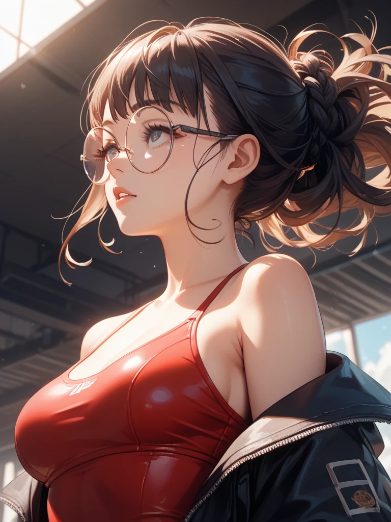 beautiful girl, 18 years old,Short hair, shoulder length,black hair, big breasts,wet, camel toe, red lips ,Wear glasses,
White underwear, sexy pose,
spirit body, red eyes, Shoot a red beam, stand in the air,