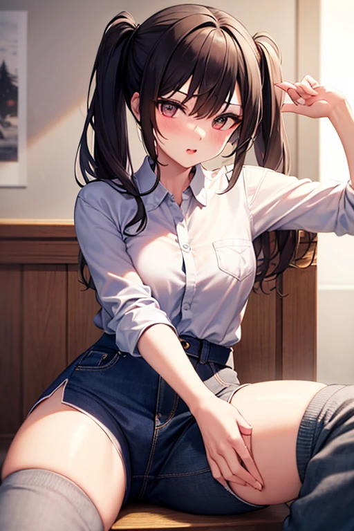 1 persons, japanes, 20 years old, (Detailed shiny skin:1.1), Watching the view, (Smile:1.5), 
Beautiful hair, Beautiful face, Beautiful detailed eyes, (Long hair:1.4, Side Ponytail:1.7), lightbrown hair, (Large breasts:0.7), 
Beautiful collarbone, Beautiful body, Beautiful chest, beautiful thigh, Beautiful legs, beautiful detailed fingers, Five Fingers,  ,Colossal tits, Barefoot, 
((Short-sleeved white shirt with collar and buttons, (The shirt:1.4, Tight mini skirt:1.4, high-heels), Extremely sexy, Seductive thighs, Camel toe)), open one's legs、Pink lace panties
(Beautiful scenery), receptionist, department store, Service Counter, Squatting, Spread legs, object insertion, Vibrator, Female masturbation, 
(8K, top-quality, ​masterpiece:1.2, Extremely detailed), (Photorealistic), Beautiful illustration, Cinematic lighting, Full body,