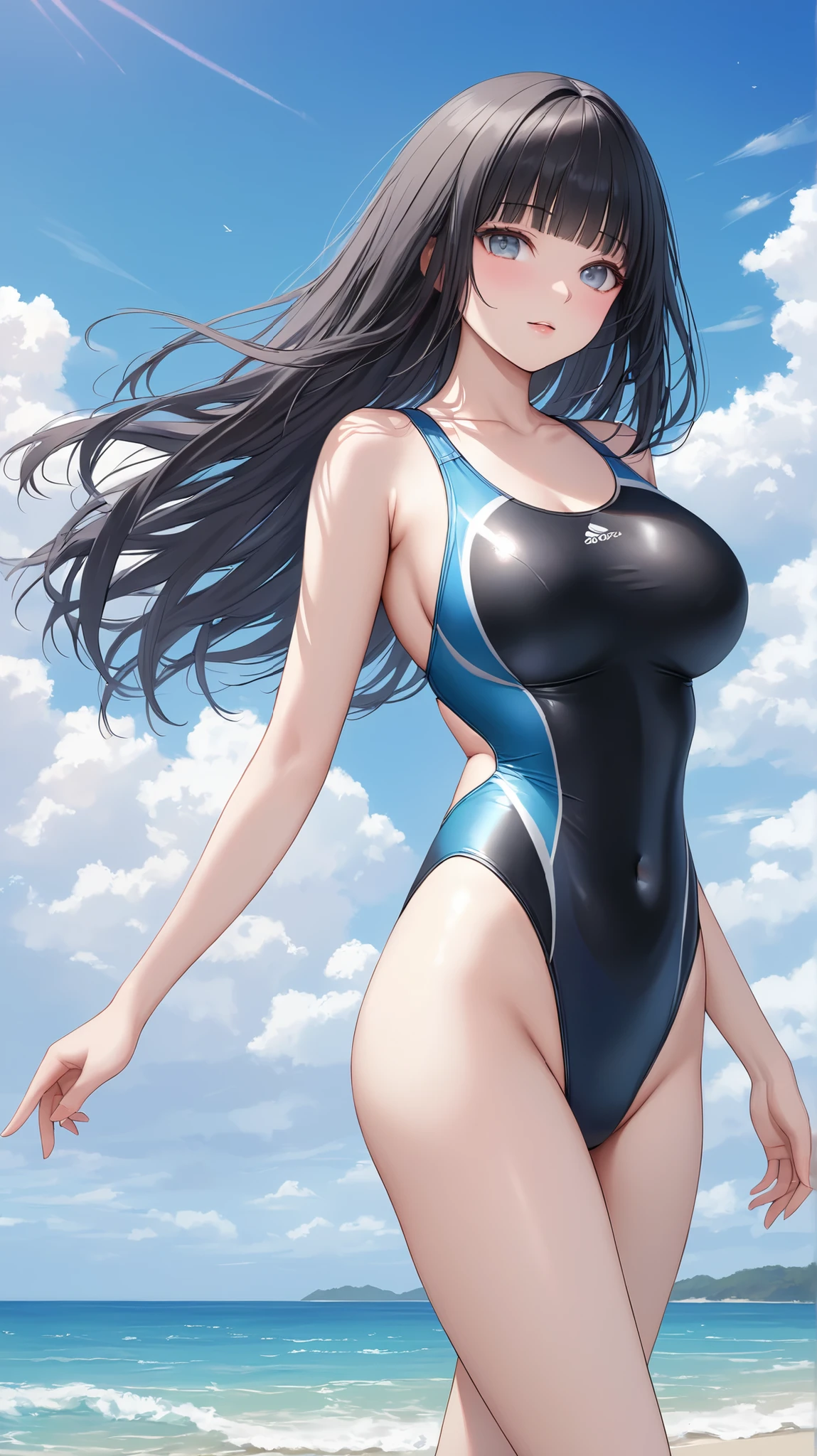 Best Quality, masutepiece, Portrait, , 1girl in, Kotegawa Yui, Black hair, Long hair, Long bangs, Brown eyes, medium udder, ((Bath)), Looking at Viewer, Smile,Photo from below、((Competitive swimsuit))、((pantyhose))、((Whole body gets wet))