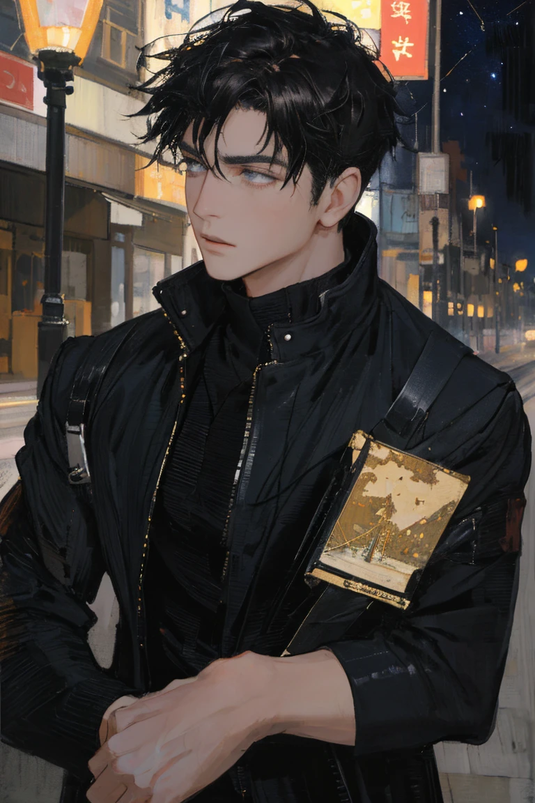 (highest resolution, distinct_image) Best quality, a man's masterpiece, highly detailed, semi realistic, black short hair, black hair, bangs, 18 years old, mature, young, tall and strong, black tight fitting, black flight suit, spacecraft background, cold, serious, tall and handsome, authoritative, powerful, exquisite facial features, exquisite facial features