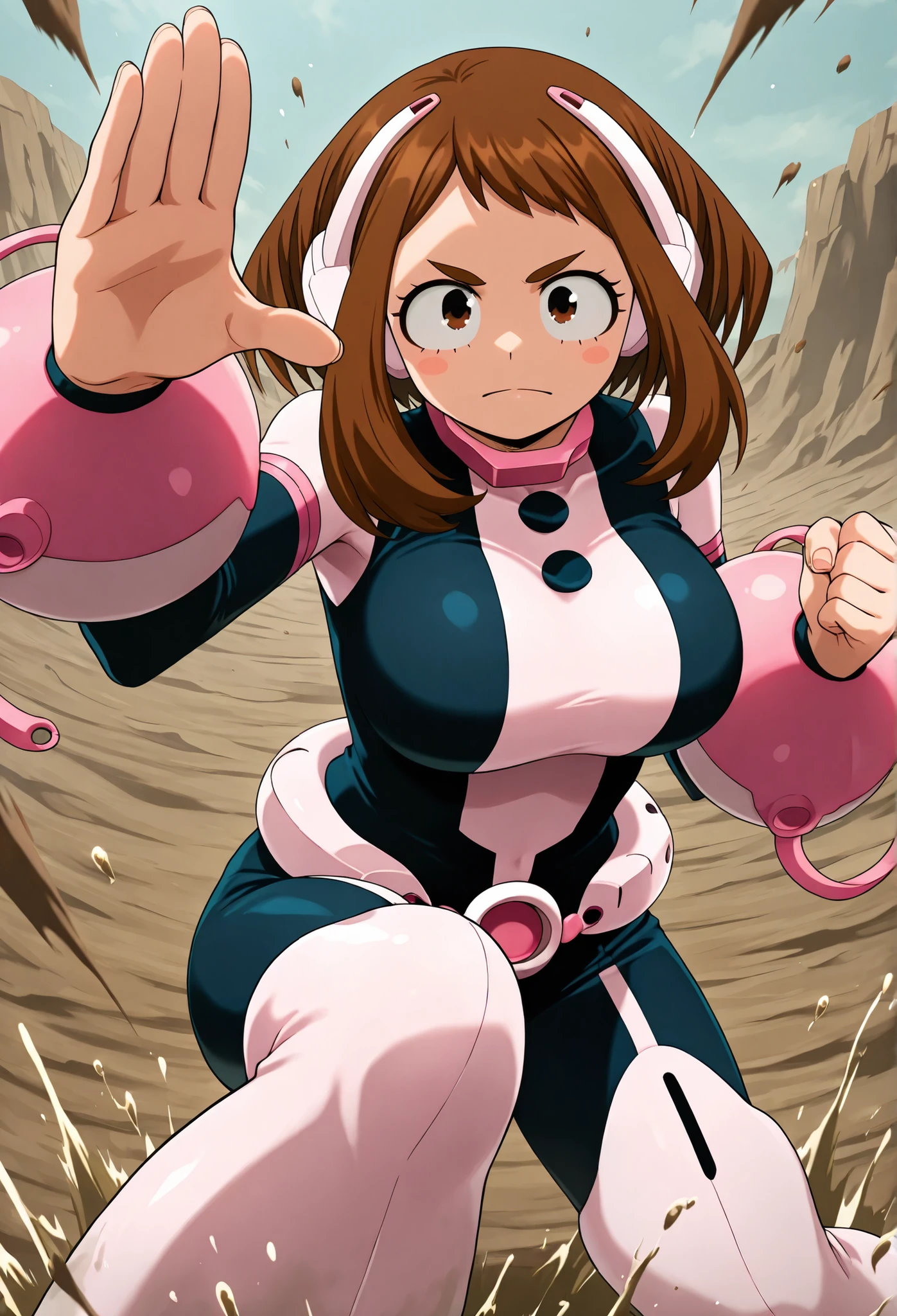 official style, anime screencap, uraraka ochako, 1girl, brown hair, brown eyes, solo, superhero, hero bodysuit, pink wrist guards, closed mouth, contrapposto, extra large breasts, (F65), looking at viewer, Standing in the middle of a barren ground covered in mud, splashed with mud, standing in a fighting stance, ready for battle, looking angrily at the viewer,