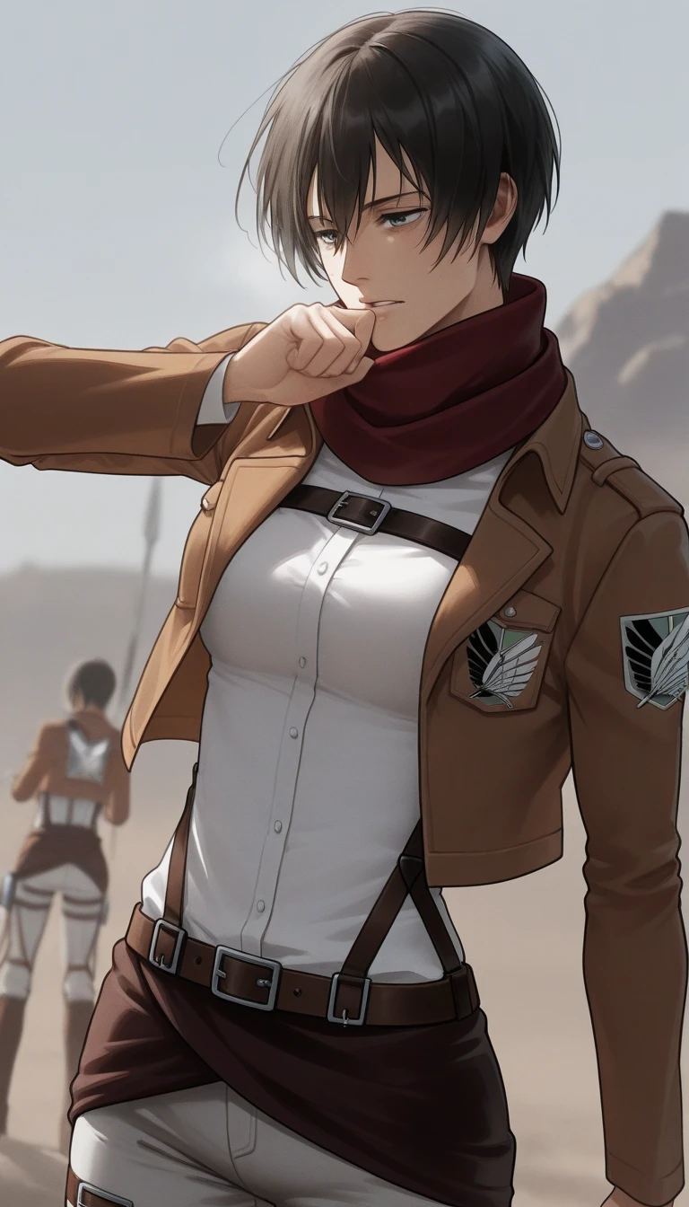 score_9, score_8_up, score_7_up, BREAK source_anime, adult mikasa ackerman, black eyes, black hair, short hair, medium breasts, military uniform, armor, belt, thigh strap,sexy shrots