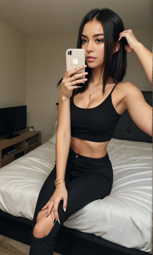 (((selfie))), lying down in bed, body selfie, gray tights, black tshirt