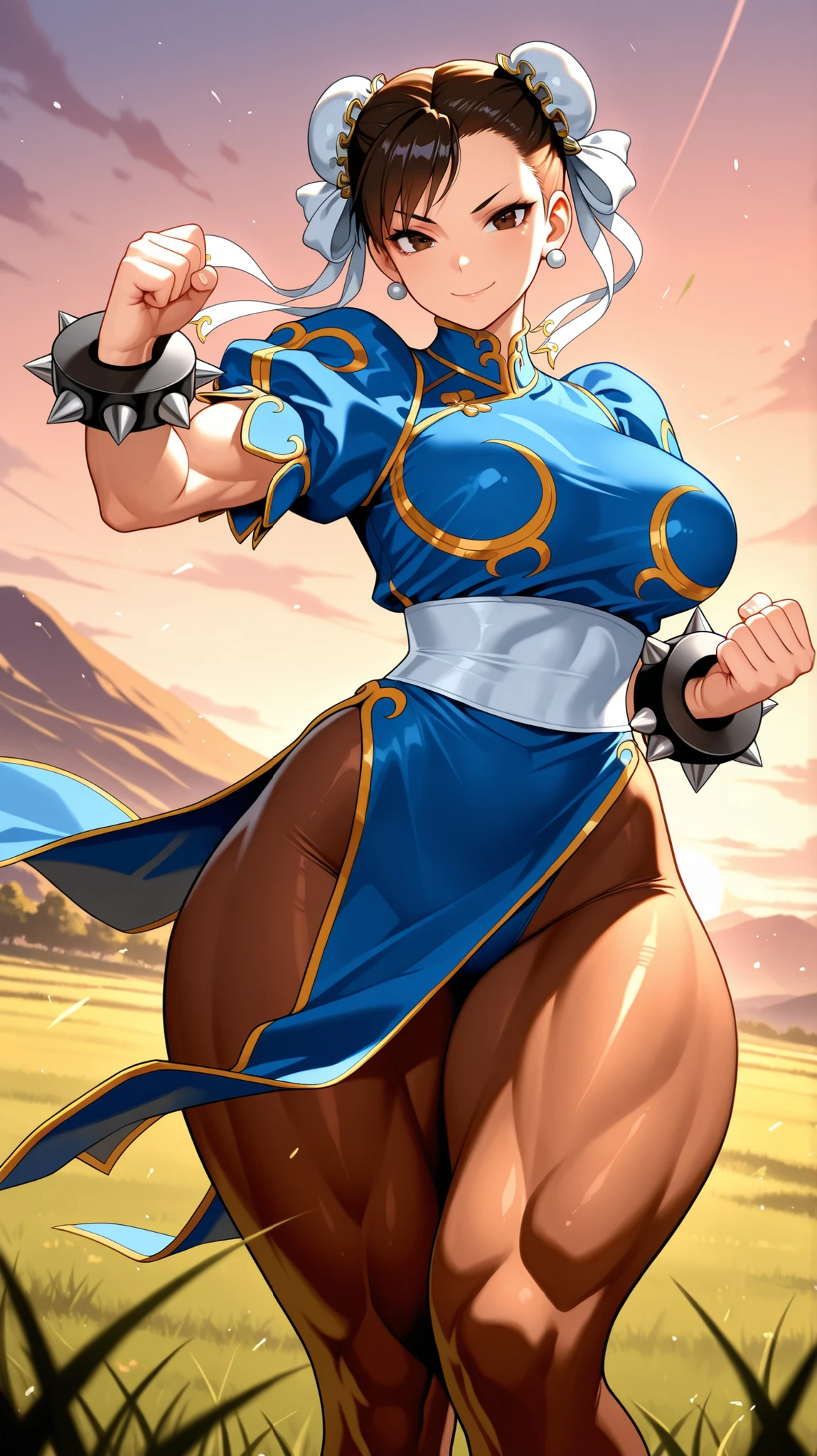 (masterpiece), (Highest quality), 8k resolution, Very detailed, Ultra-detailed, Realistic, photograph, Photorealism, (One girl), Chunli, Chunli costume, Perfect body, smile, photographのポーズ, Huge breasts, Thick thighs, Wide Hips, Narrow waist, Hourglass Shape, (whole body)(topless:1.3))nsfw, (spread pussy:1.3)