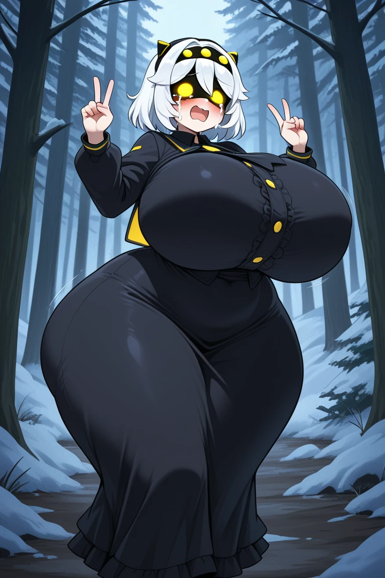 masterpiece, best_quality, 1girl, solo, yorha no. 2 type b, black blindfold, blindfold, enormous huge natural breasts, cleavage, mature mom, correcting hair, outside, blush, :D