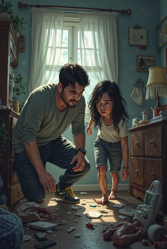 Anime style, crying girl, brown hair and eyes, sits In the corner of the room, ((She is hugged by a tall guy)), who crouches on one knee to comfort her, A trashed room, a mess --auto