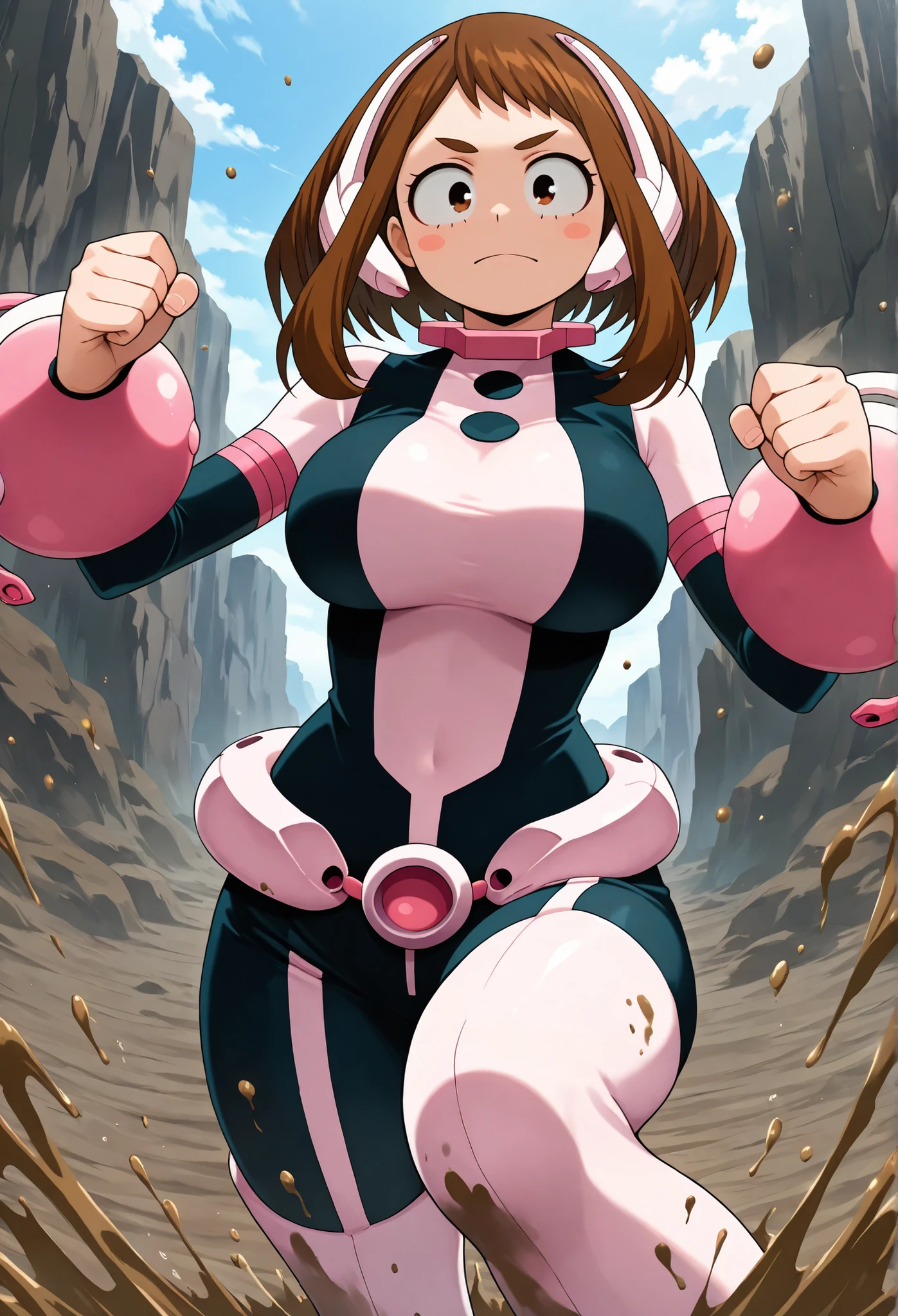 official style, anime screencap, uraraka ochako, 1girl, brown hair, brown eyes, solo, superhero, hero bodysuit, pink wrist guards, closed mouth, contrapposto, extra large breasts, (F65), looking at viewer, Standing in the middle of a barren ground covered in mud, splashed with mud, standing in a fighting stance, ready for battle, looking angrily at the viewer,
