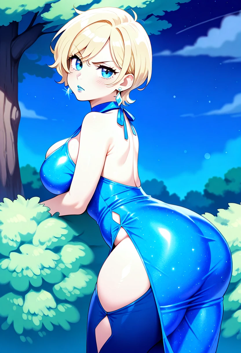 amicia michella - nijisanji, anime style, 1boyl, brown short hair, yellow inner hair, wavy hair, green eyes, detailed eyes, midriff, girly face, seductive, thin lips, painted lips, shy smile face, wide hips, thick thighs, huge round ass, medium breast, full body, dynamic pose, night pool, nsfw