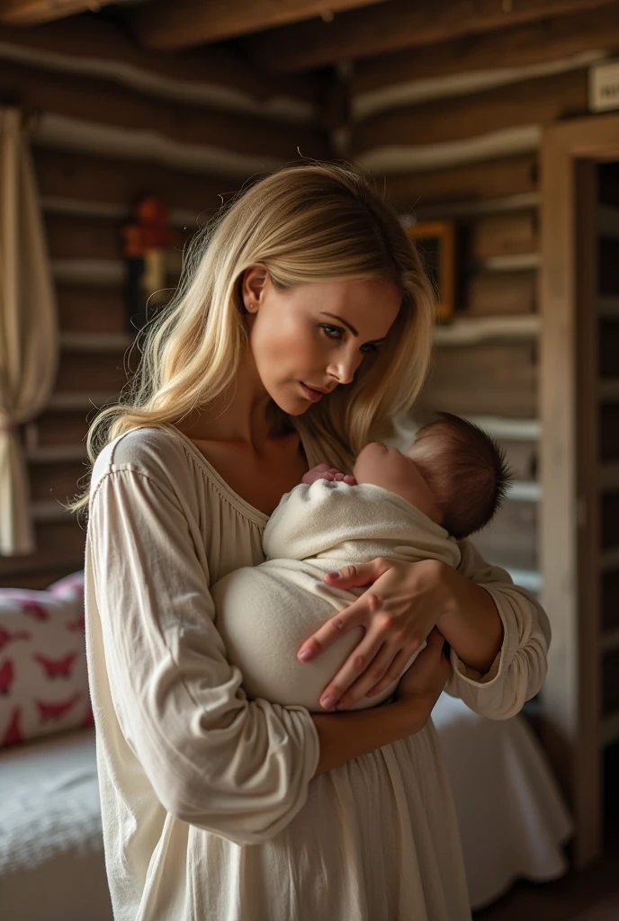 Beautiful blonde woman carrying a baby