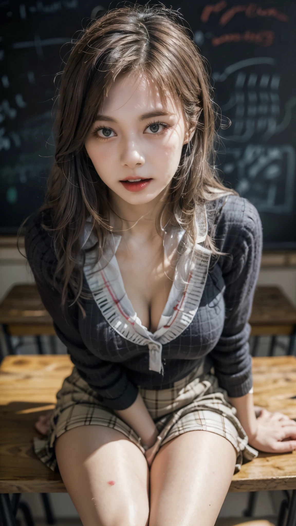 ((8k, RAW photos, top quality, masterpieces), high-definition RAW color photos professional close-up photos, (realistic, photorealism: 1.37), (highest quality), (best shadowest illustrations), collarboneig)), ((erotic, sexy, ultra high resolution, high-definition CG unified 8K wallpapers, physically based rendering, movie lighting), (aegyo sal:1), 18 year old girl, (grey blazer, ribbon, socks, off-shoulder high school uniform: 1.2), high school classroom, beautiful detail eyes, light on the face, ((full body shot: 1.2)), especially strong light, (upper eyes, grinning smile:1.2),shiny skin, (((black hair, long bob hair:1.2))), ( thick thighs), ulzzang-6500-v1.1:0.2, shy, (flash:1.2), NSFW , (puffy), ((seductive posture: 1.2, attractive: 1.2)), (idle), (sitting at a desk in classroom: 1.2)), ((good anatomy: 1.2)), ((bright and refreshing classroom, background blurred: 1.2)), perfect face, cute face, (high angle shot:1.2)