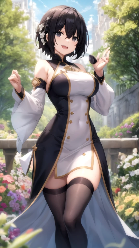a beautiful young woman with jet black hair in an elegant updo, striking blue eyes, porcelain white skin, sitting in a lush garden, watching birds, serene expression, Disney-inspired snow white princess, detailed portrait, highly realistic, photorealistic, 8k, best quality, intricate details, glowing skin, soft lighting, warm colors, magical atmosphere, fantasy, dreamlike, elegant, graceful