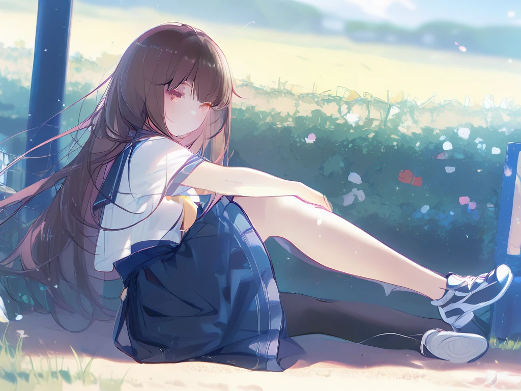 Kizi，tmasterpiece，mirai，locomotive，realisticlying，A high resolution，Look up at the sky shooting stars，Natural backrest of your hands，Sit on the floor，lawns，the trees