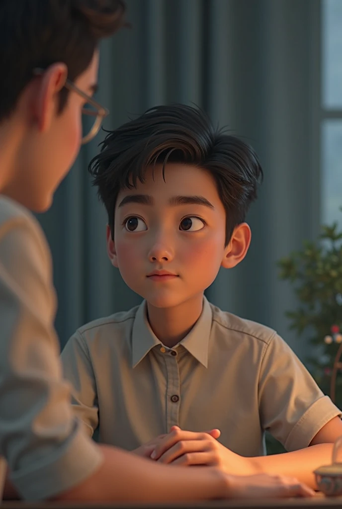 It shows a 10-year-old boy looking in the mirror,But what is in the mirror is what an adult looks like,The painting style is realistic and realistic。