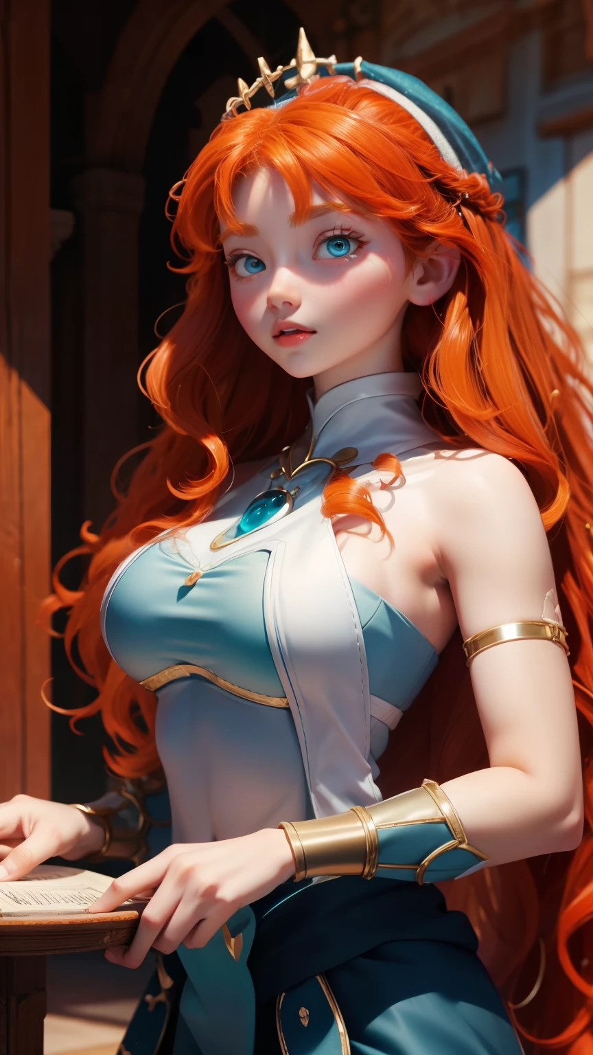 a woman with long ORANGE HAIR, a beautiful white dress with intricate neckline, mysterious smile, ancient temple in ruins, dark sky, subtle glowing mana around, (best quality,4k,8k,highres,masterpiece:1.2),ultra-detailed,(,photorealistic,photo-realistic:1.37),cinematic lighting,dramatic atmosphere,fantasy,concept art,depth of field,vibrant colors