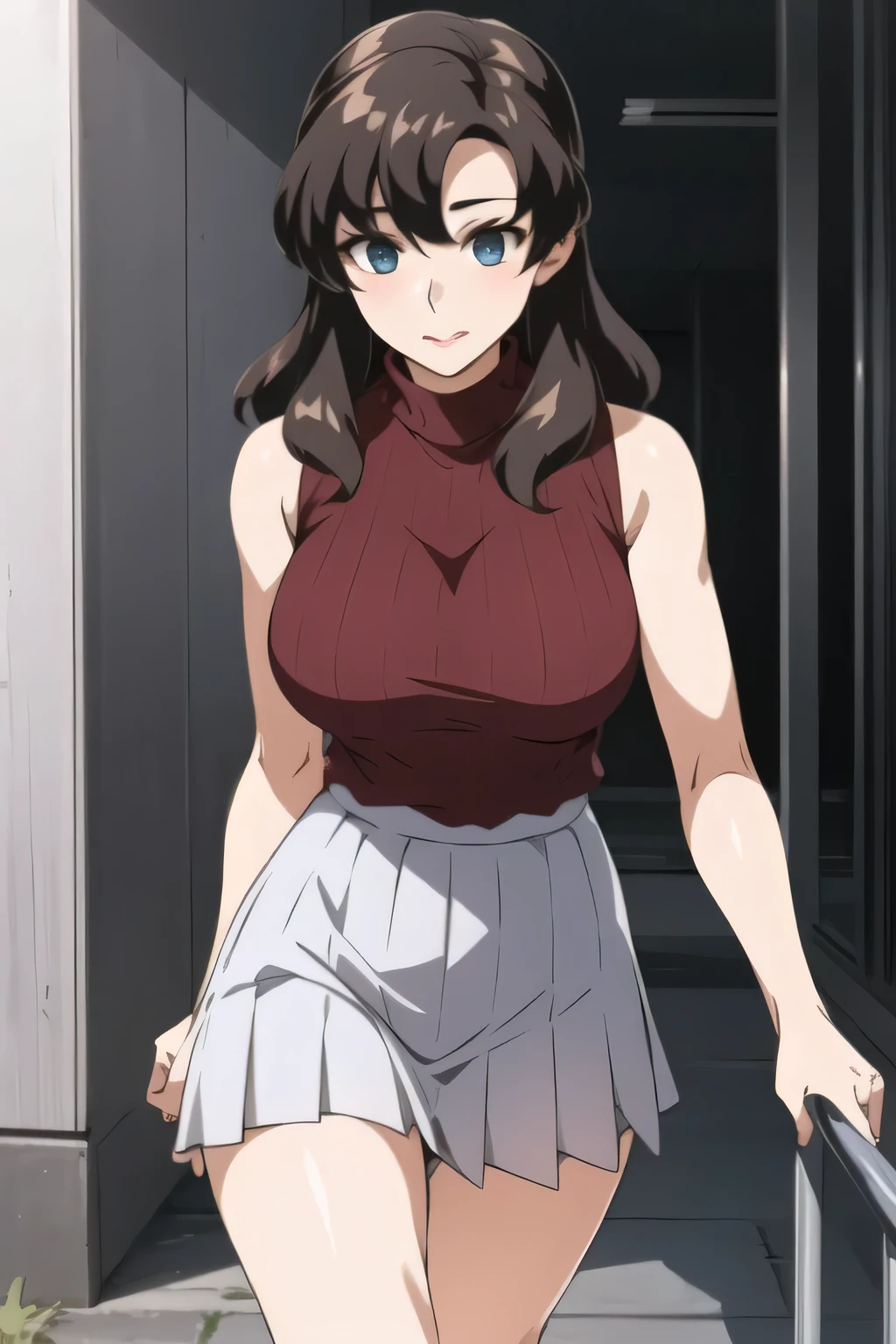 Can you draw a dark blue pleated miniskirt,please draw her expression more delicately,walking alone, city tour ,,(((she is wearing casual tourist wear))), I have a SLR camera ,(Let's draw a more delicate look),(sleeveless wool sweater),( pleated legs,white panties),(That work is enough for one person {X} is very important for work)、 it's a great enough piece on its own,Don't fix your face。unless you need it for work。 {X}、 , An attractive 40 year old adult woman is jumping out of her uniform, Big black wavy hair, , Big Breasts, Thin Waist , , ,