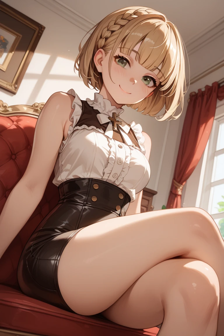 full body, dyed blonde hair, adorable girl with straight bangs and bob cut, black sleeveless buttoned blouse with sheer material above neckline of blouse, red lipstick and a lot of doll-like makeup, blouse is tucked into plaid school girl miniskirt, fishnet stockings, Maryjane high heel pumps, sheer detached sleeves on arms, coy expression, sultry pose, professional, statement earrings, extreme detail description,professional, Natural and soft anime colors with a dreamy atmosphere, detailed face