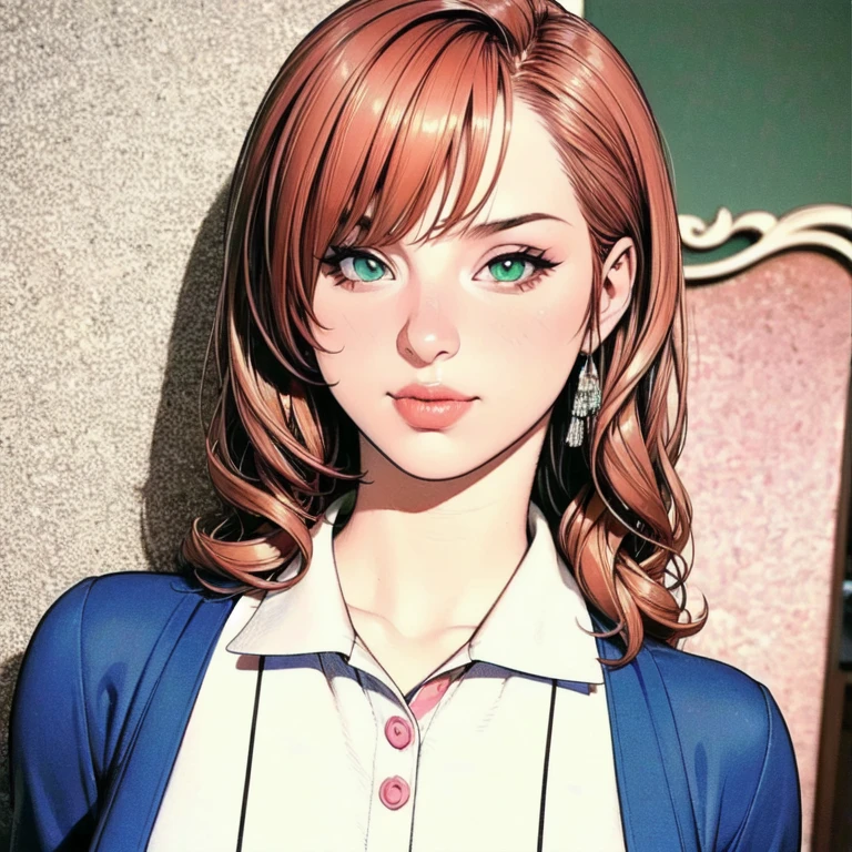 A skinny 18-year-old girl, long wavy red hair with bangs, GREEN EYES,  Thin Lips, Round face, slim and thin body with very small breasts, Slim hips, full thighs, wearing a blue polo shirt, a pink plaid skirt with ruffles,  red sneakers , in a humble and poor bedroom environment,(best quality,4k,8k,high resolution,obra-prima:1.2),Ultra-detailed,(realista,photorealist,photo-realistic:1.37),extremely detailed eyes and face,long lashes,beautiful and detailed eyes,beautiful and detailed lips,1 menina,retrato,natural lighting,warm colors,soft lighting,kind smile,intricate details,sonhador,Sentimental,emocional,melancolia((sfw))