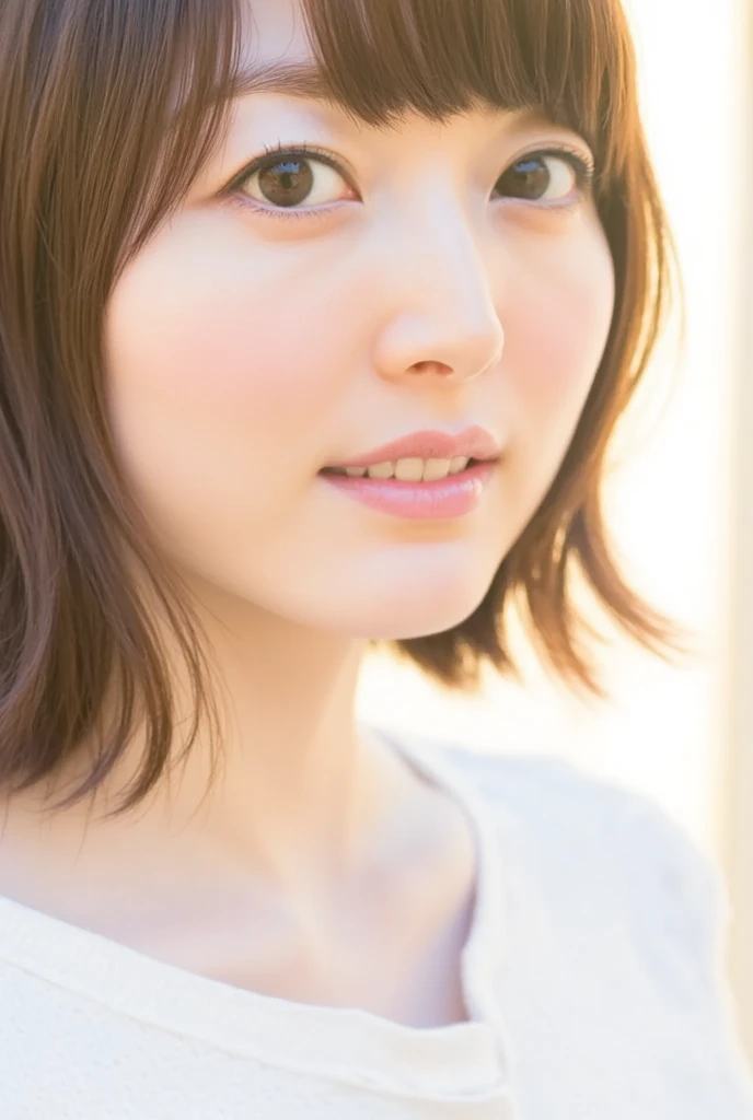 masutepiece, Best Quality, 8K, 1girl in, Good Hand, 14 yo, close up of face, Lively, Active, Life Force, Luminescent, Looking away, Raw photo, F/1.8, 135 mm, NIKON, Anatomically correct, Bokeh，Textured skin, Professional Photography, Portrait, Soft light, Professional Lighting, Solo, (Smile), Cute, Girly,  film grain, (Eyes and faces with detailed:1.0), Brown hair, Short hair swaying in the wind, Bangs