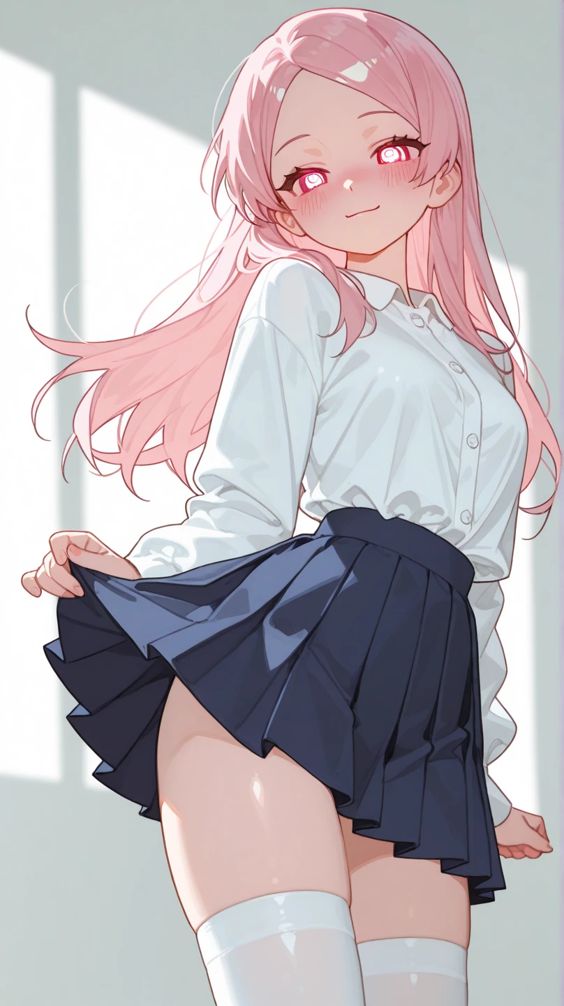 (((((Dildo on the floor:1.5, standing, spread legs:1.5, Point your knees outwards:1.5 ) behind head,spread legs, Push your hips forward,pussy juice , Voluptuous body, Slut、No pants, (Dildo on the floor, standing, spread,arms behind head, Point your knees outwards:1.5, Sweat,)))), Realistic composition, Doujinshi scene,, Big Thighs, Pleated skirt, White Shirt, Angry face, blush, from below