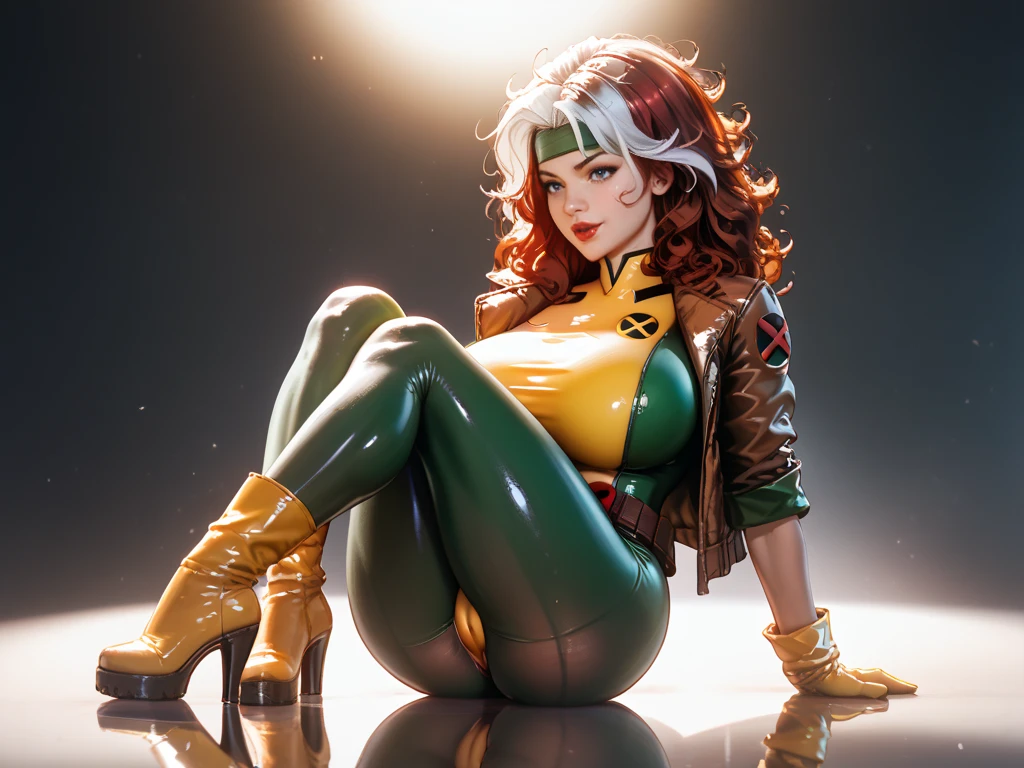 score_9, score_8_up, score_7_up, score_6_up BREAK outdoors,field,lying,on side,full body,facing away,arm support,big butt,DEFrogue, long hair, dyed bangs, bodysuit, brown jacket, gloves, belt