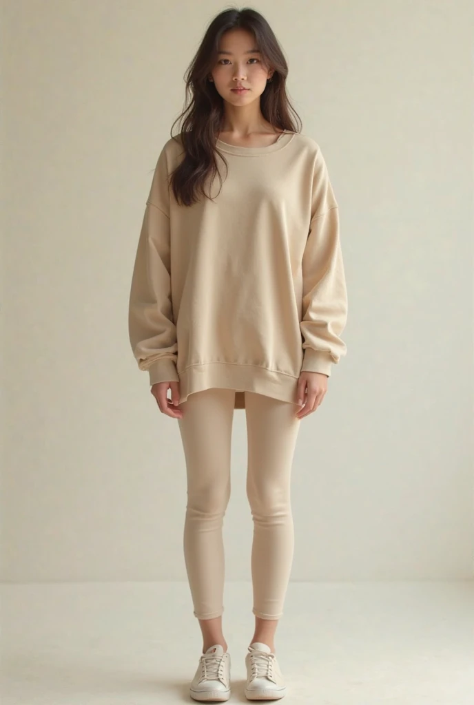 Here’s a prompt you can use to describe the image:
"A young woman stands gracefully on a stairway, wearing a light beige, long-sleeved top paired with white leggings. She has long, straight hair that cascades down her back. The setting is minimalistic, with neutral tones and clean lines, emphasizing her poised and serene demeanor."