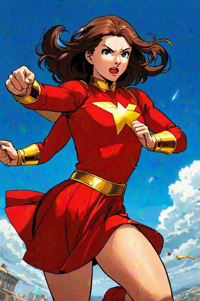 (8k),(masterpiece),(Japanese),(8-year-old girl),((innocent look)),((Childish)),From the front,smile,cute,Innocent,Kind eyes,Flat chest,Hairless vagina, Cameltoe,white cape, Red Mary Marvel Costume,semi-long,Hair blowing in the wind,Black Hair,Strong wind,night,dark, Neon light cyberpunk city,kirbywood, drawing, vintage color comics