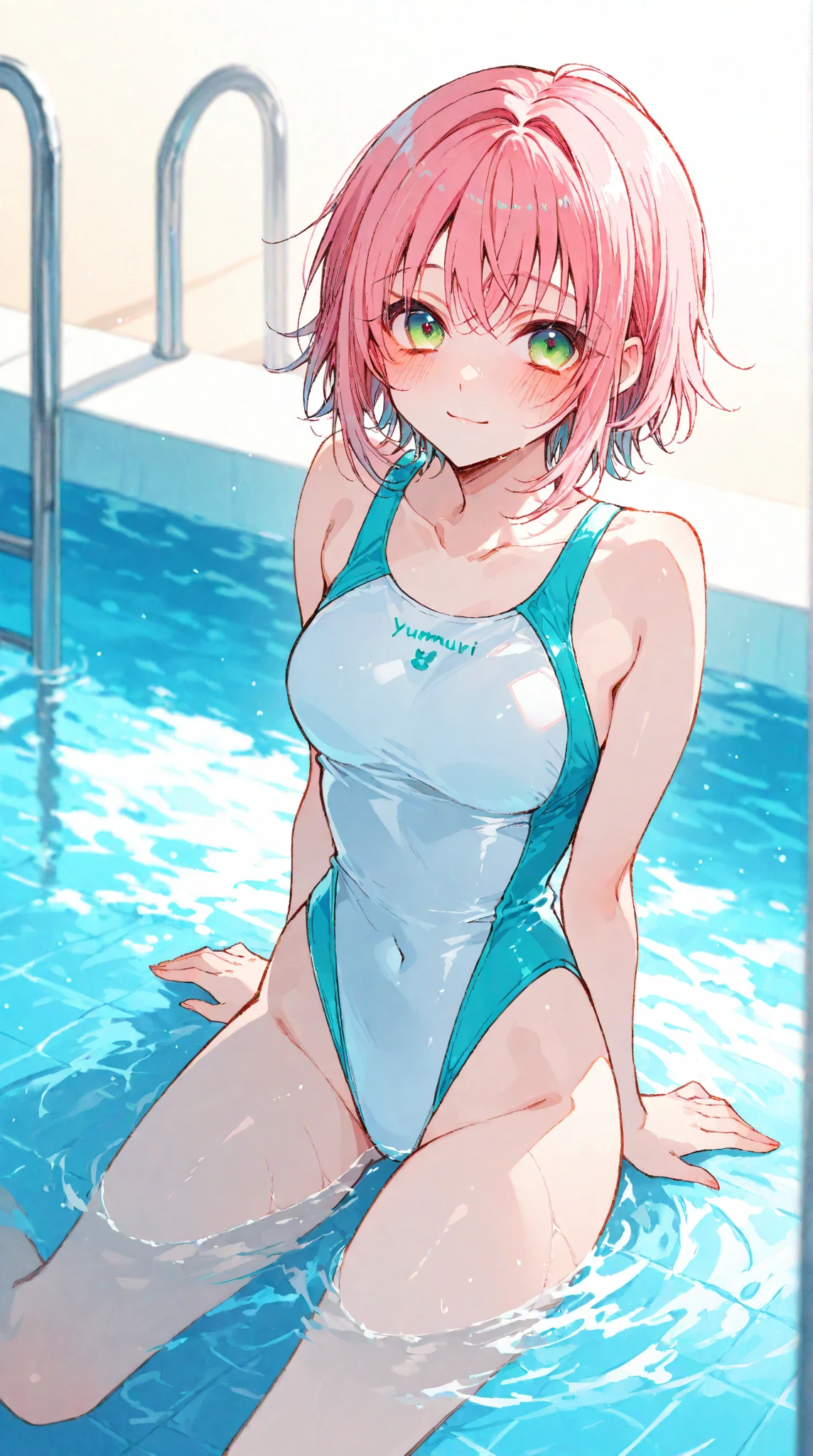 Bathing suit pink hair pink eyes breast thighs water