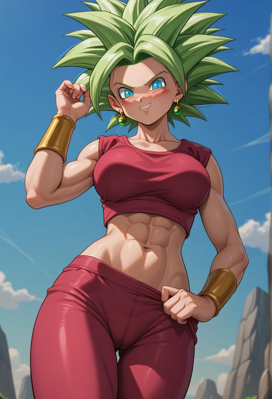 (best quality, masterpiece), green hair, green earrings, yoga pants, yoga bra, skin tight, toned, smug, smirk, kefla, thin waist, backlight,