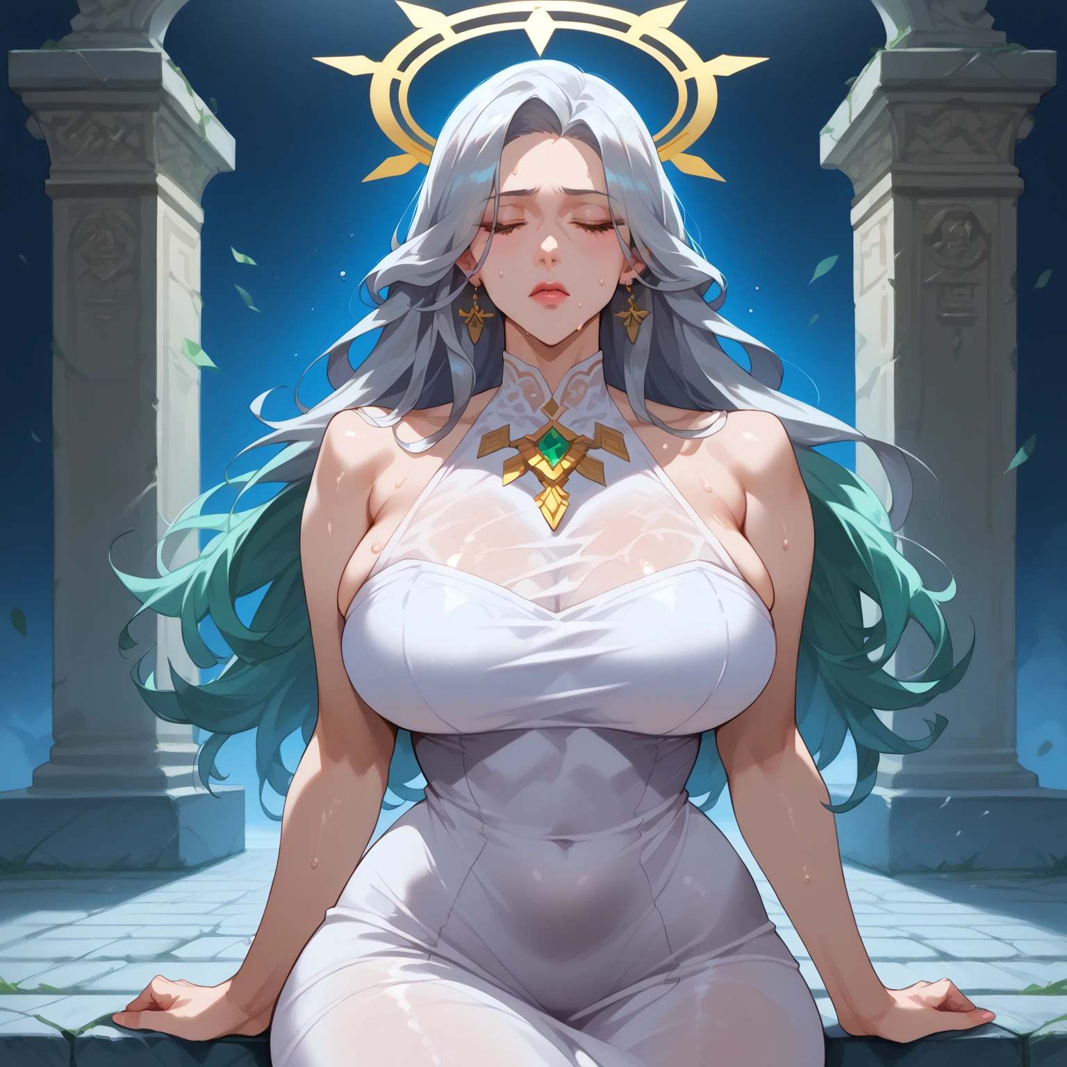nsfw、Highest quality, Attention to detail, 8k, woman、Big Breasts、night、moonlight、Association、Stone statue of a goddess、 、Blue Eyes、(Brown, inward-twisting ram horn)、(Yellow hair、Gradient green hair、 Braided extra long hair)、(seiza、prayer)、White medieval dress、whole body、