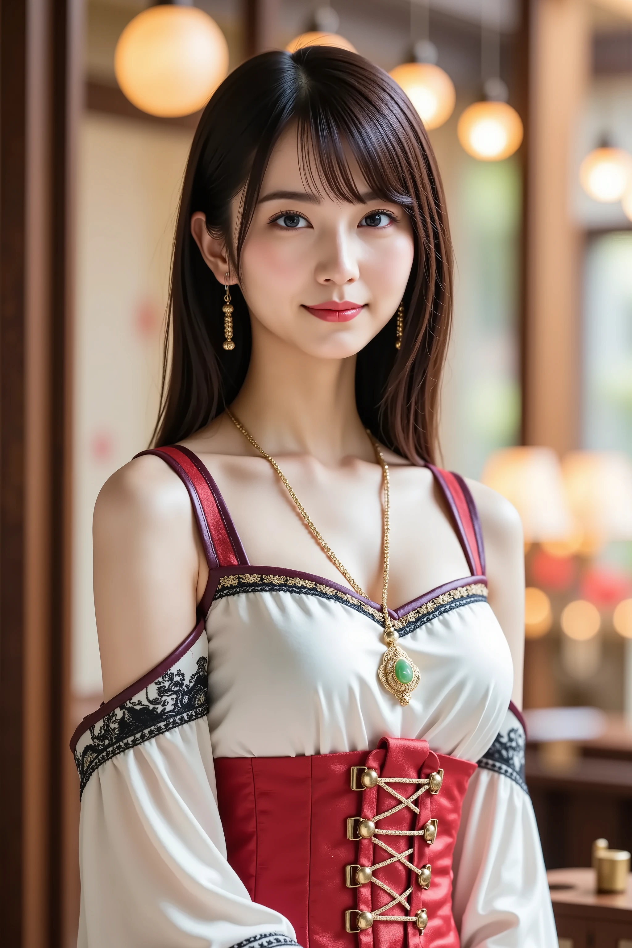 firm and big breasts, cleavage, A realistic photographic composition framed from just below the shoulder of a female subject standing in a lavish East Asian pavilion interior, ensuring her entire head is fully visible within the frame without any cropping at the top. The off-shoulder white silk top and sculpted crimson brocade corset harness press firmly against her firm, full breasts, lifting and compressing them into a broad, dramatic cleavage line that spans widely across her chest, framed by gold filigree fillets and underbust seams that create taut tension folds and catch specular highlights tracing the silky curves just below the shoulder. She wears a fitted off-shoulder white silk top featuring a high stand collar trimmed in red-piped silk and secured at the center by knotted frog closures, draping gently into soft pleats beneath the corset; the satin-sheen fabric displays subtle cloud and wave motif embroidery in tonal ivory thread. The corset is detailed with brushed brass buckles and contrasting black piping along each seam, cinching her waist and accentuating the fullness of her bust. Flowing white chiffon side panels form wing-like sleeves that catch ambient breezes, their edges trimmed in black silk lace with intricate floral patterns. Around her neck rests a delicate gold chain with a carved jade amulet pendant, and matching jade drop earrings dangle just above her shoulders, the polished surfaces capturing glints of light. Delicate golden incense ash motes and drifting silk ribbons swirl in the air, creating painterly bokeh orbs. Behind her, the background reveals polished hardwood lattice screens, red and ivory paper lanterns suspended from curved dark wooden beams, and silk drapery panels embroidered with phoenix and floral motifs, all softly blurred by a shallow depth of field created by an 85 mm equivalent prime lens at f/2.2 on a full-frame sensor, producing smooth circular bokeh highlights. A lacquered altar table with brass incense burners, por