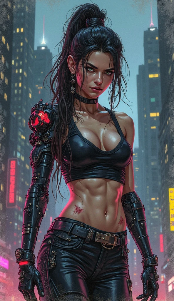 (Zendaya:Evangeline Lilly), walking down alley, ripped jeans, tank top, slightly muscular, Beautiful anime waifu style girl, hyperdetailed painting, luminism, art by Carne Griffiths and Wadim Kashin concept art, post-apocalyptic background, abstract beauty, approaching perfection, pure form, golden ratio, minimalistic, dark atmosphere, unfinished, concept art, intricate details, 8k post production, high resolution, hyperdetailed, trending on artstation, sharp focus, studio photo, intricate details, highly detailed, by Jon Bauer