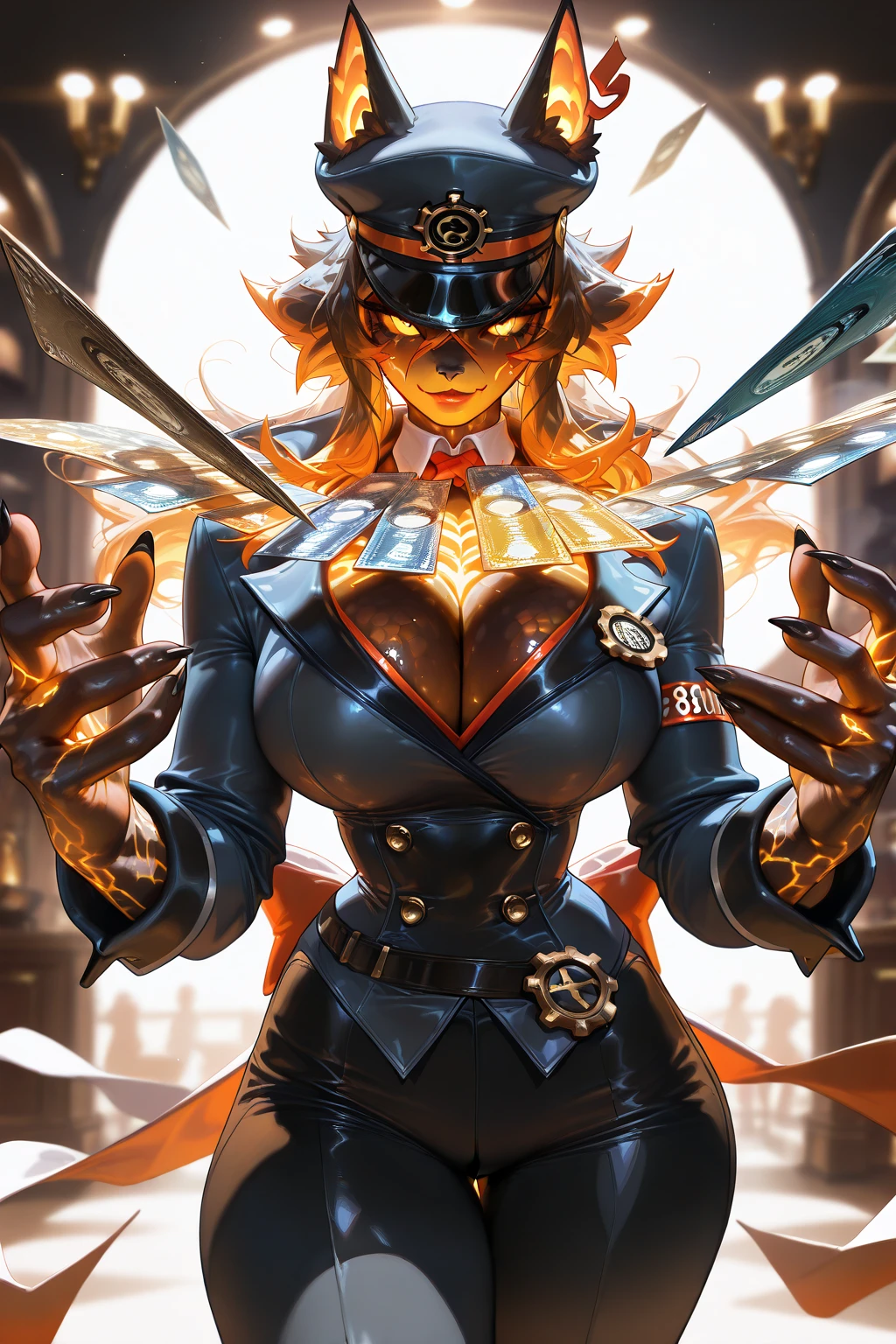 Armored Armalien princess with short, vibrant yellow hair and electrifying powers resides in an uncharted galaxy. Her asymmetrical, stylized golden armor, adorned with electric design elements, shines brightly, reflecting her villainous personality. Her seductive smile and a provocative laugh accentuate her allure, contrasting the intimidating aura of her armor.