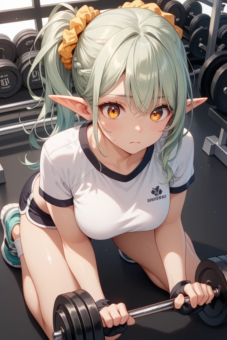 masterpiece, absurdres , (intricate details), (colorful),cinematic lighting,bust shot,extremely detailed CG unity 8k wallpaper,1girl, solo,teen female, arm up, looking at viewer, sports bra, locker room,cowboy shot, solo, sports bra, 1girl,solo,elf,white hair,grey hair,earrings,pointy ears,long hair,ponytail,green eyes,twintails,parted bangs,thick eyebrows, Add scream sounds text to the image, add heart stickers