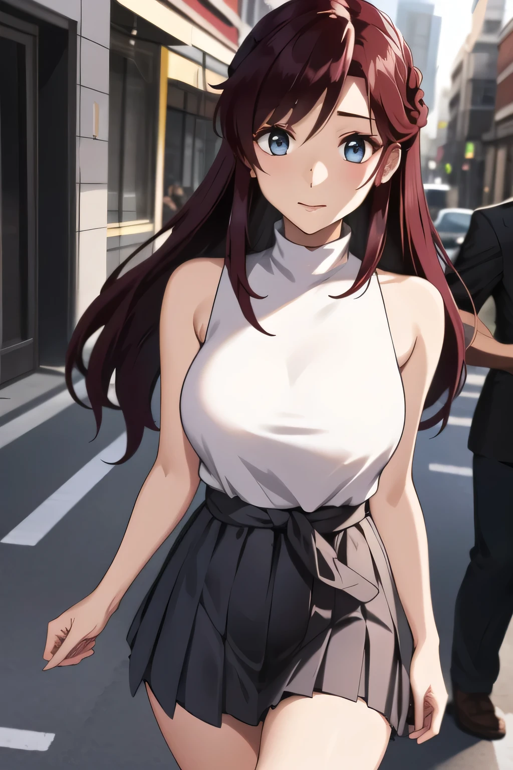 Can you draw a dark blue pleated miniskirt,please draw her expression more delicately,walking alone, city tour ,,(((she is wearing casual tourist wear))), I have a SLR camera ,(Let's draw a more delicate look),(sleeveless wool sweater),( pleated legs,white panties),(That work is enough for one person {X} is very important for work)、 it's a great enough piece on its own,Don't fix your face。unless you need it for work。 {X}、 , An attractive 40 year old adult woman is jumping out of her uniform, Big black wavy hair, , Big Breasts, Thin Waist , , ,