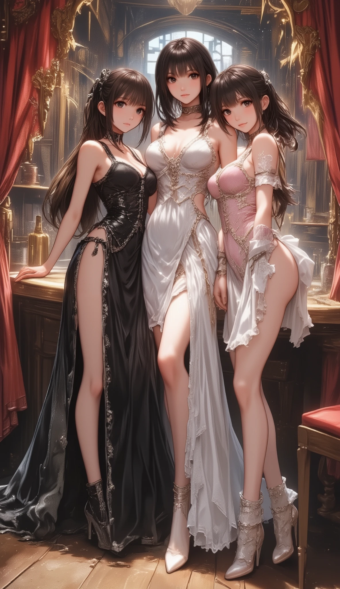 Ladies' gathering, glamorous dresses, big, Topless (full body shot:1.4), Spats, (see-through lingerie:1.4), (blushed:1.0), Happy expression, Detailed face, Luxury bedroom