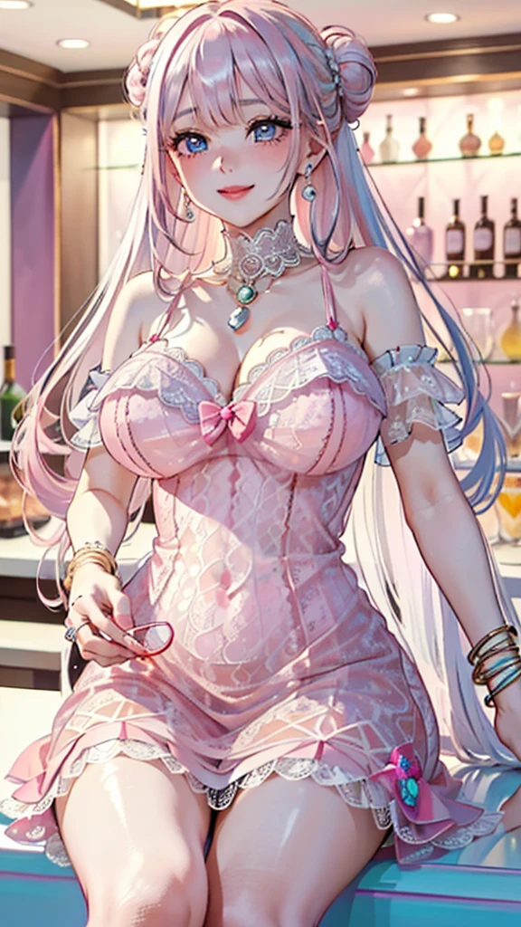 1girll, Solo, nakano nino, Pink hair, butterfly hair ornaments, (Naked:1.3), (White apron), Large breasts, cleavage, Thighs, Cafe background, (Blushing:1.3)