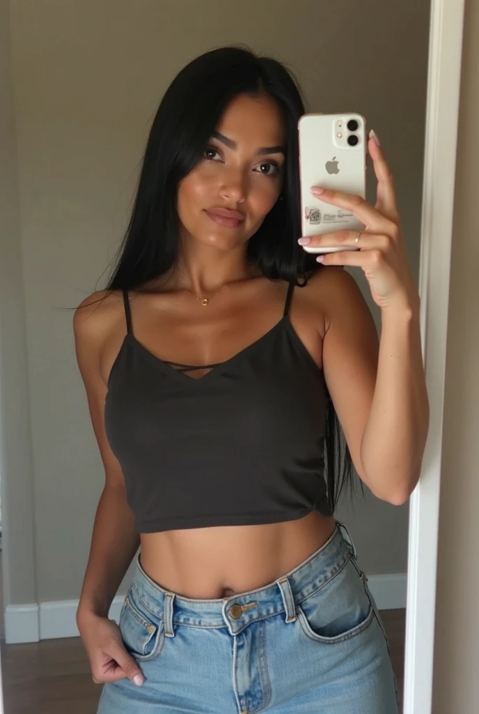 A woman, wearing sunglasses and taking a mirror selfie, she's latina and she is wearing short clothes 