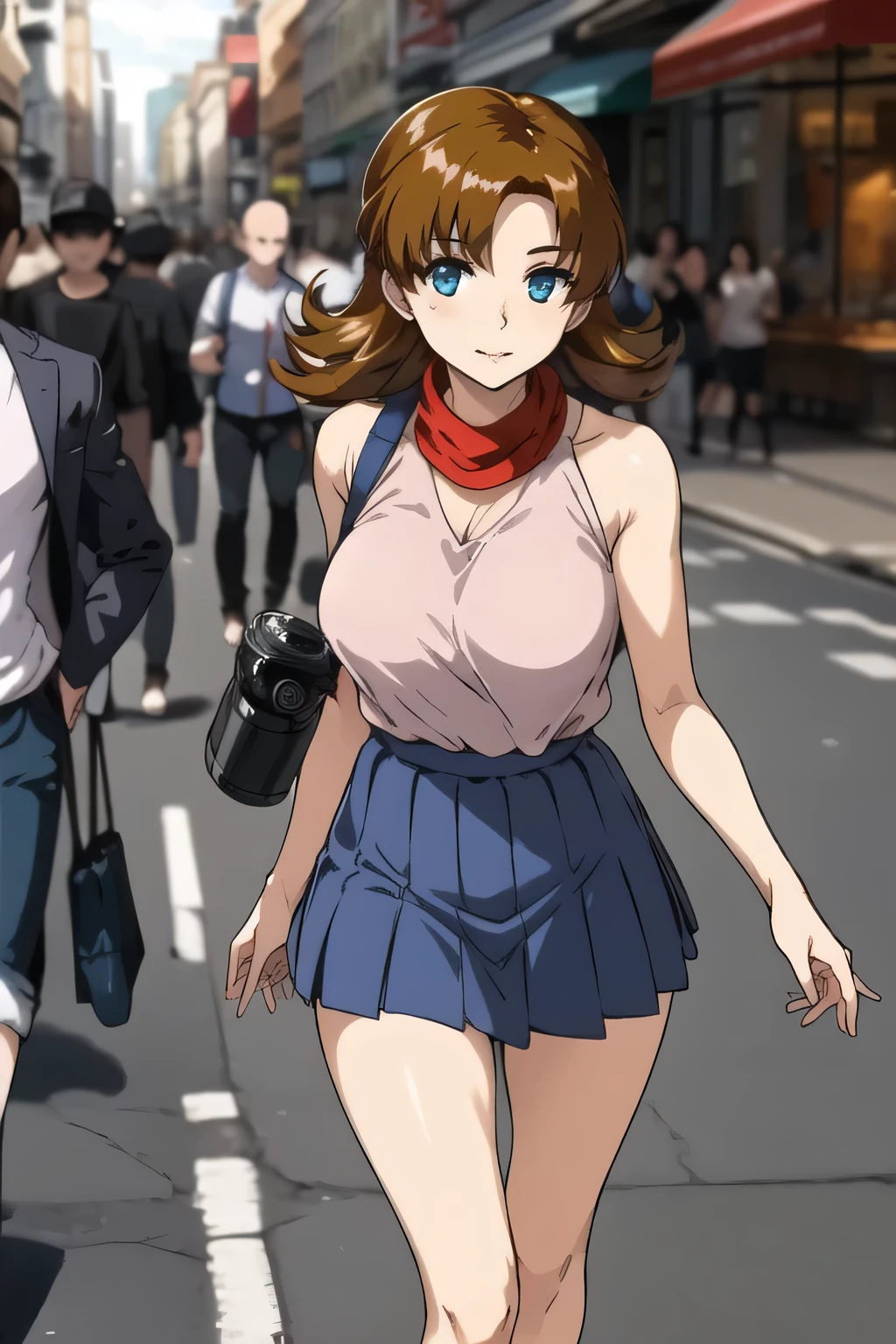Can you draw a dark blue pleated miniskirt,please draw her expression more delicately,walking alone, city tour ,,(((she is wearing casual tourist wear))), I have a SLR camera ,(Let's draw a more delicate look),(sleeveless wool sweater),( pleated legs,white panties),(That work is enough for one person {X} is very important for work)、 it's a great enough piece on its own,Don't fix your face。unless you need it for work。 {X}、 , An attractive 40 year old adult woman is jumping out of her uniform, Big black wavy hair, , Big Breasts, Thin Waist , , ,