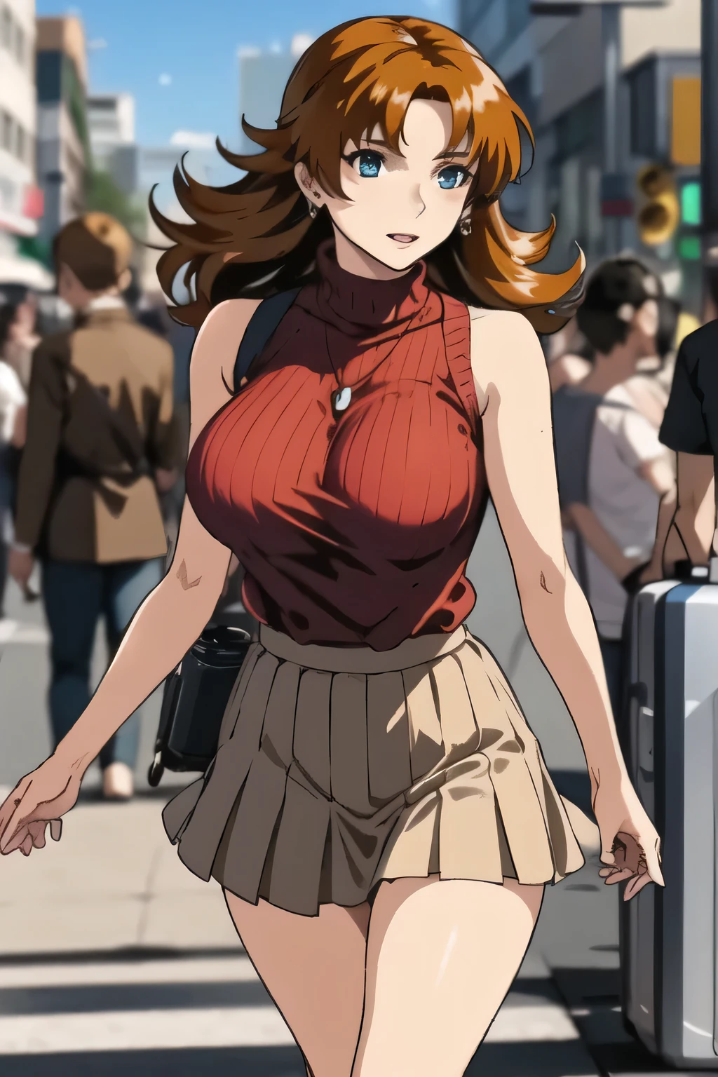 Can you draw a dark blue pleated miniskirt,please draw her expression more delicately,walking alone, city tour ,,(((she is wearing casual tourist wear))), I have a SLR camera ,(Let's draw a more delicate look),(sleeveless wool sweater),( pleated legs,white panties),(That work is enough for one person {X} is very important for work)、 it's a great enough piece on its own,Don't fix your face。unless you need it for work。 {X}、 , An attractive 40 year old adult woman is jumping out of her uniform, Big black wavy hair, , Big Breasts, Thin Waist , , ,